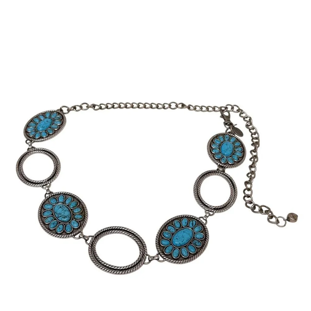 Chico's Link Belt Faux Turquoise Medallion Silvertone Chain Western Concho